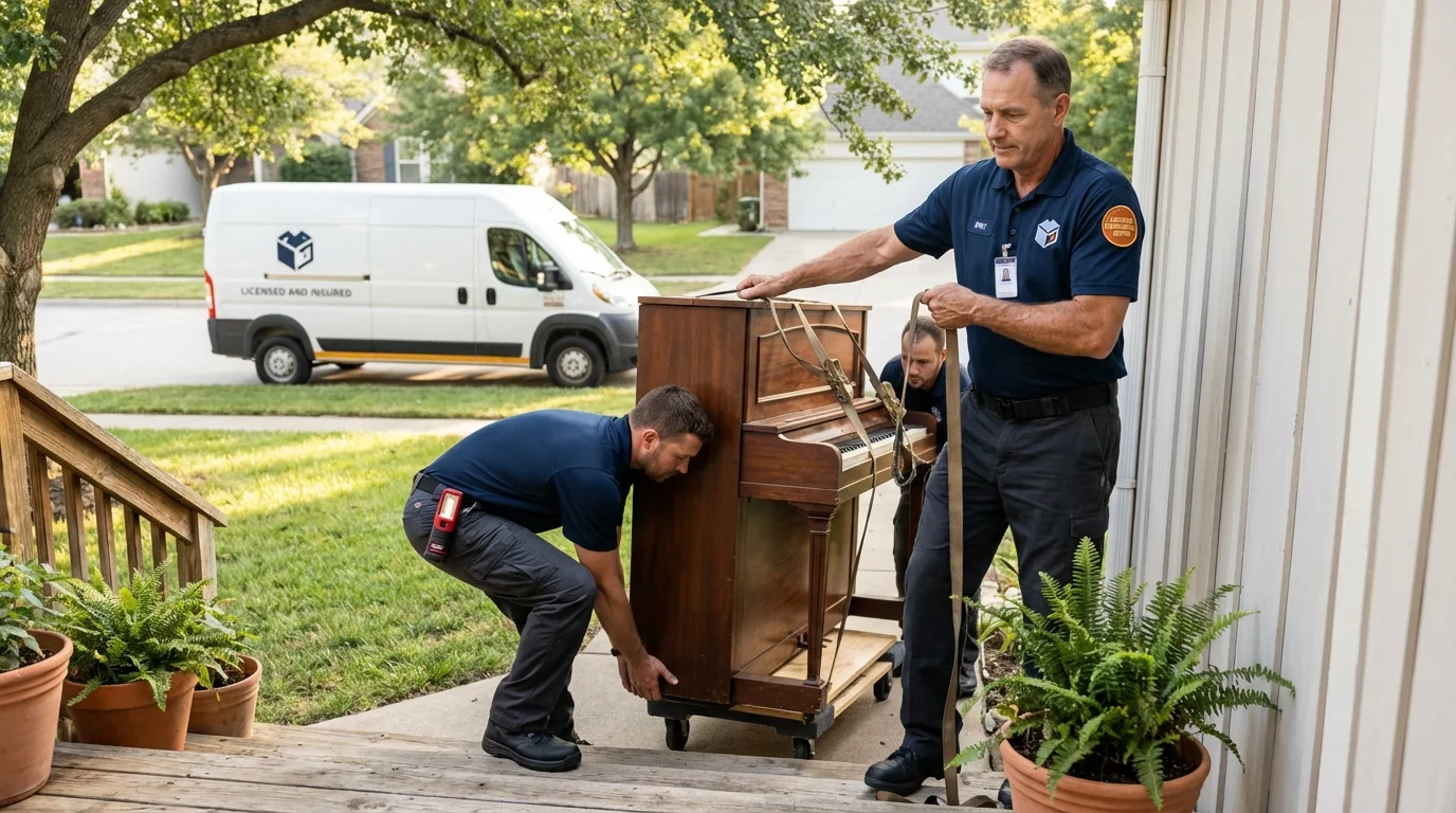 Licensed piano movers securing grand piano in Kingman, KS