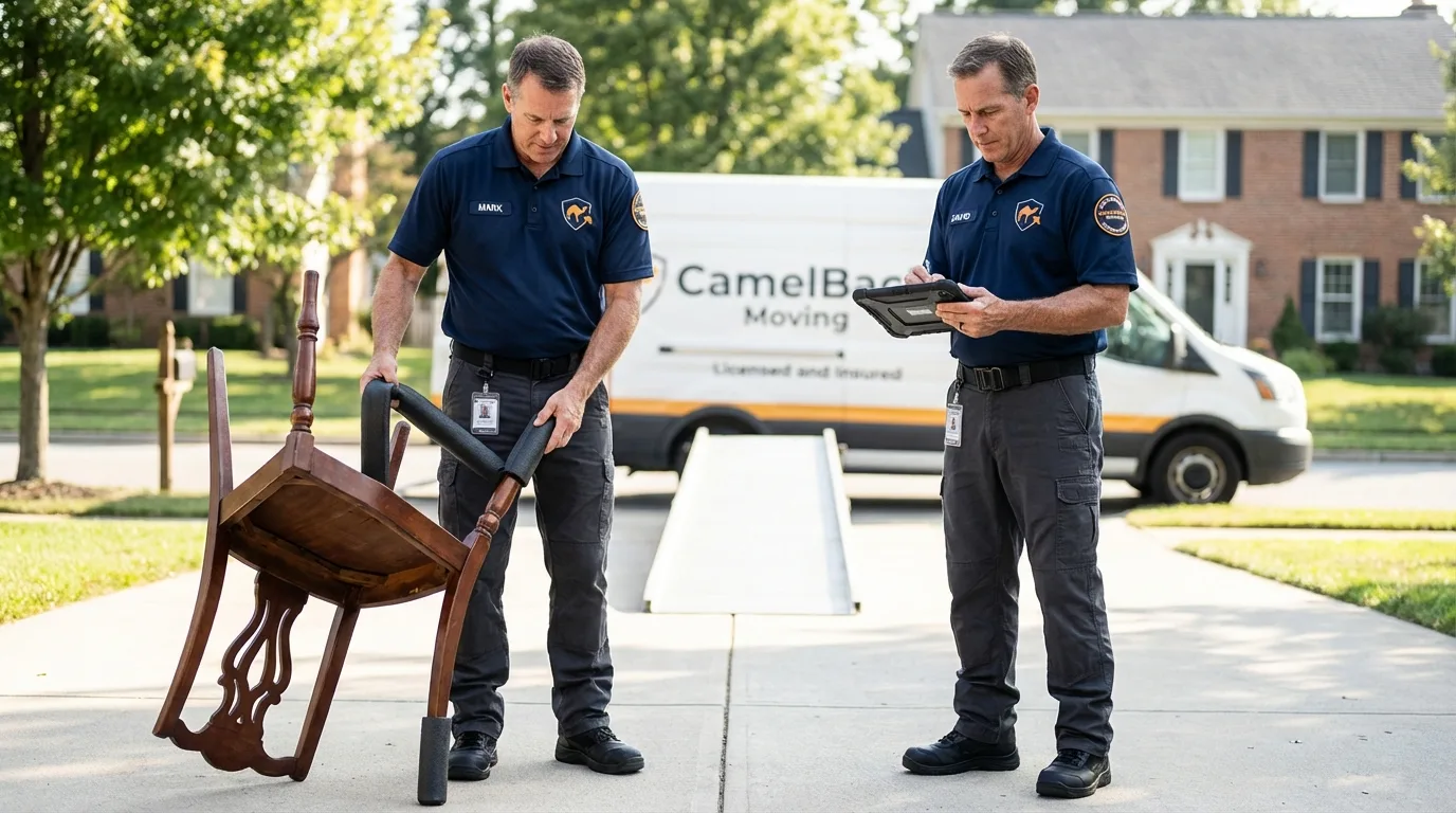 Movers inspecting furniture for damage prevention before loading in Kingman, KS