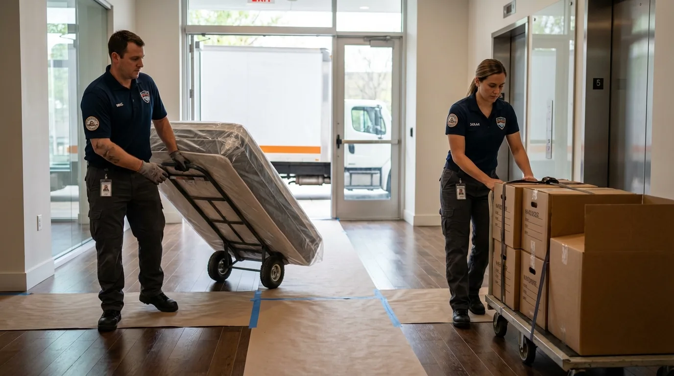 Professional apartment movers loading elevator in Kingman, KS