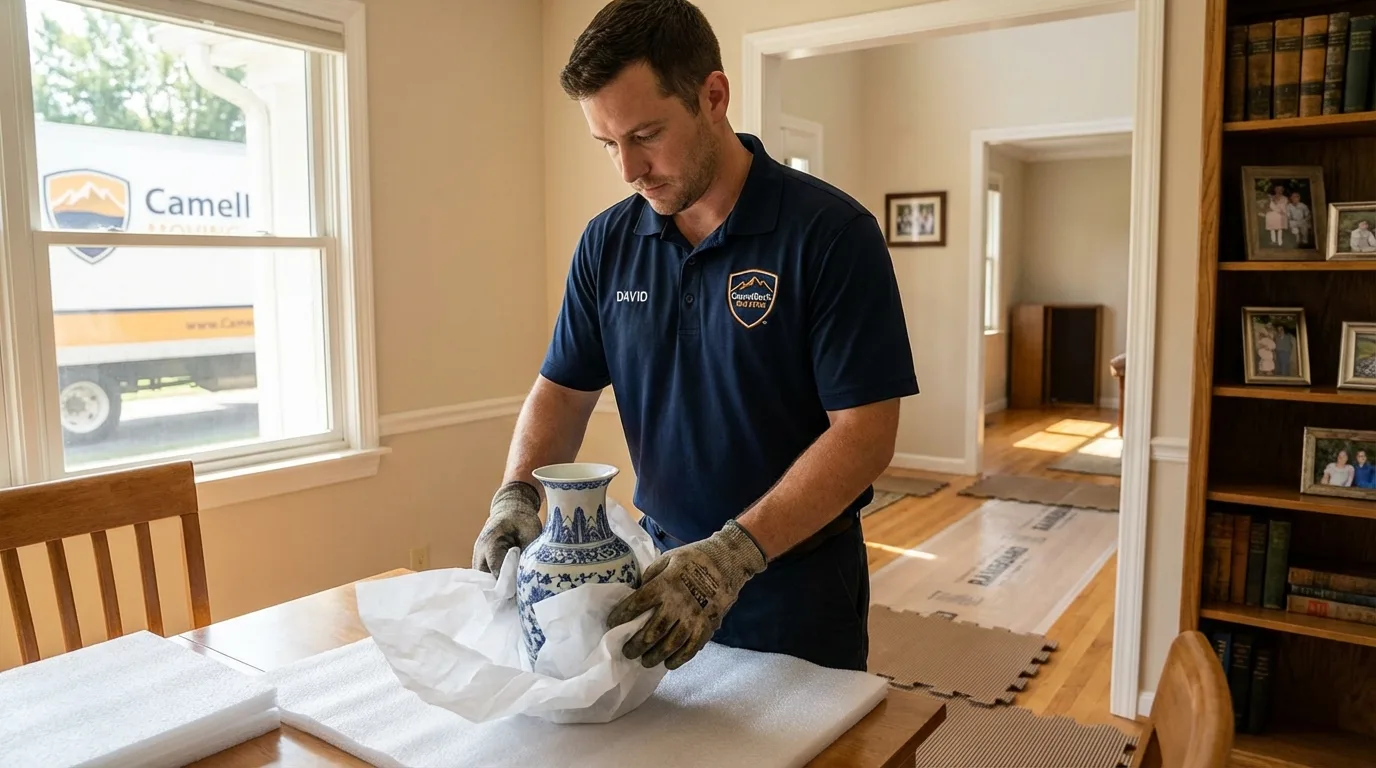 Professional crew carefully wrapping antique vase for senior downsizing move in Kingman, KS